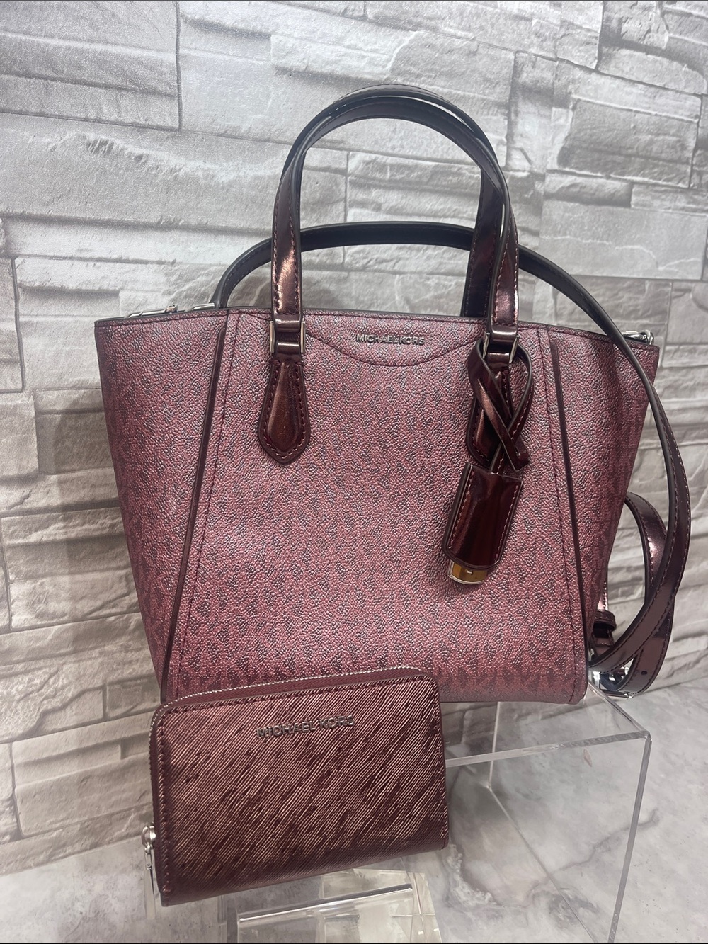 Michael Kors Taryn Metallic Logo Saffiano Tote & Matching Wallet Oxblood - Picture 7 of 13